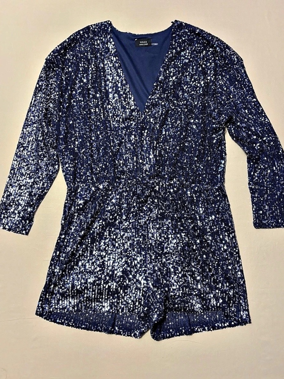 VICI Women’s Shine Bright Sequin Shorts Navy Blue Romper Size XL
